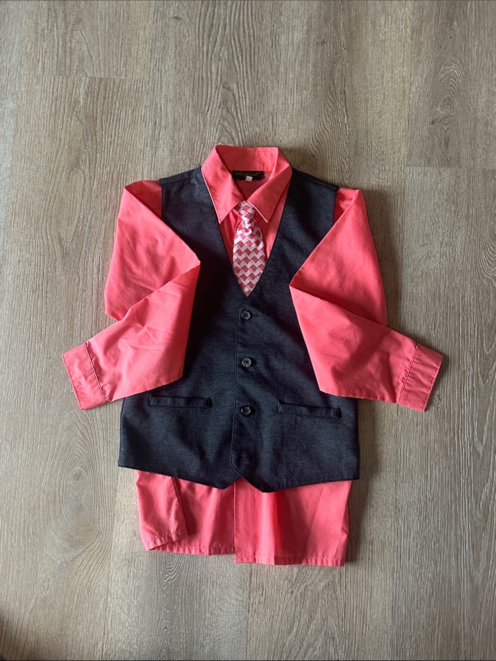 Boys Coral Dress Shirt with Black Vest and Patterned Tie